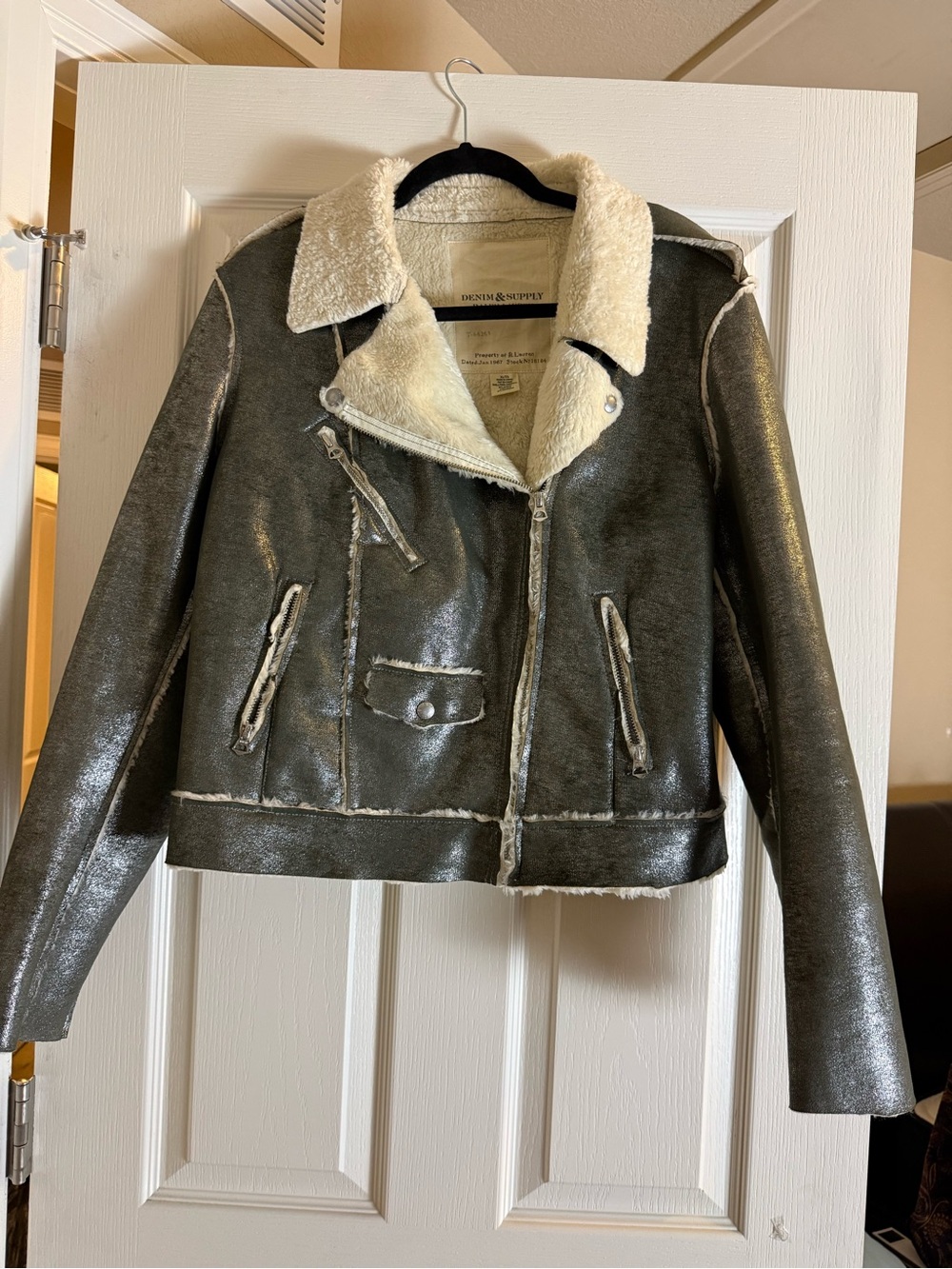 Ralph Lauren Olive Shimmer Faux-Shearling Moto Jacket - Picture 12 of 12